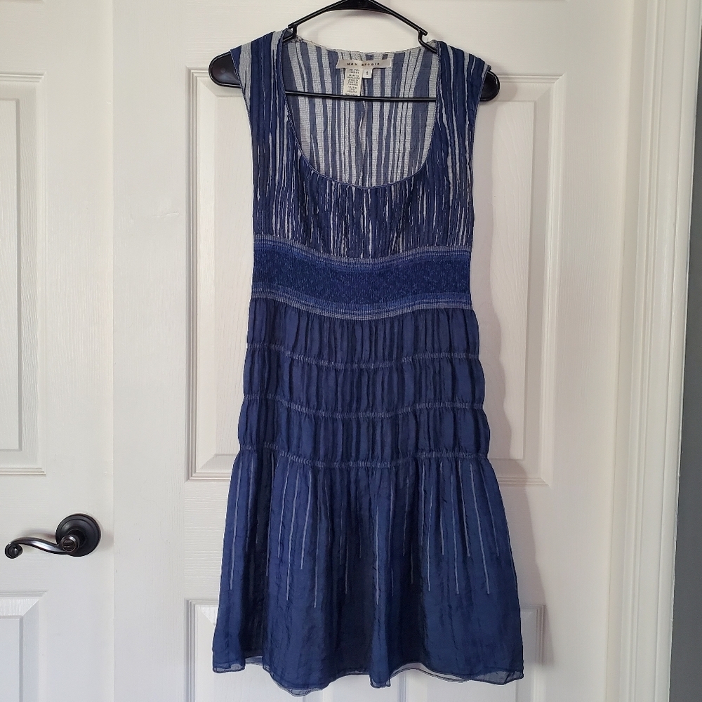 Max Studio fit & flare smocked elastic short sleeves blue dress pullover Small